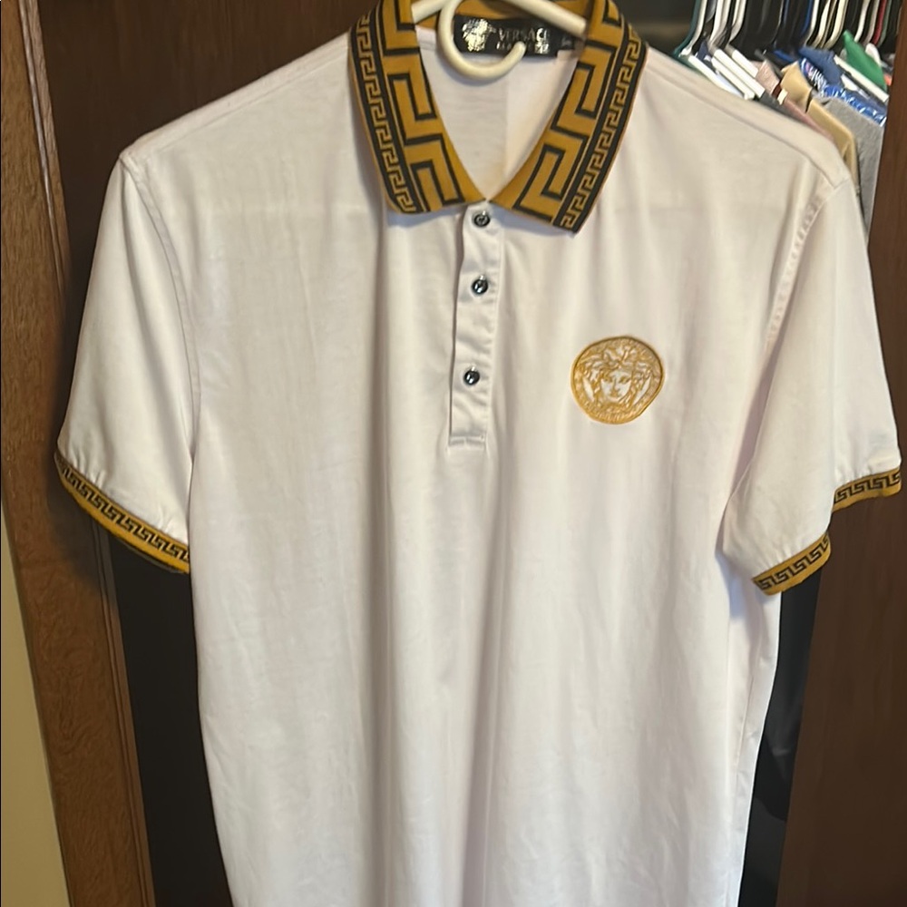 Versace Gold Trim White Polo Shirt with Greek Key Design